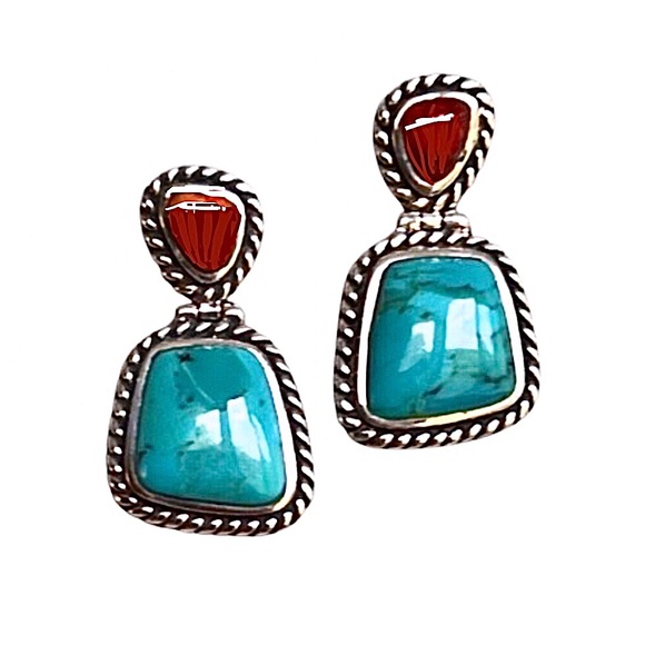 BARSE Sterling Silver Rope Edged Turquoise and Coral Drop Earrings - Picture 12 of 12